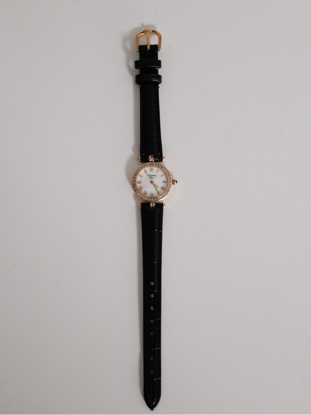 Vintage Dior Gold-Tone Crystal Bezel Watch with Black Leather Strap - Picture 8 of 10